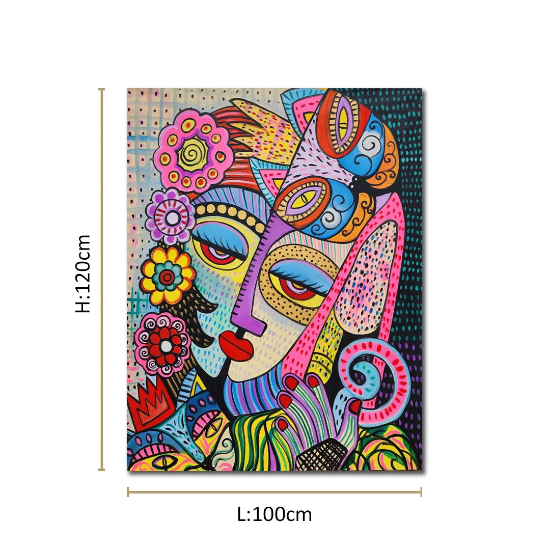 Abstract face wall painting with bright colours and contemporary design