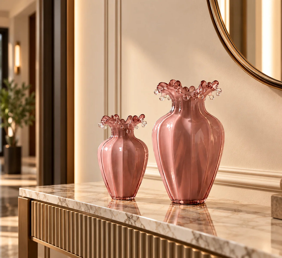 Mauve fluted urn vase thorny crown head-on