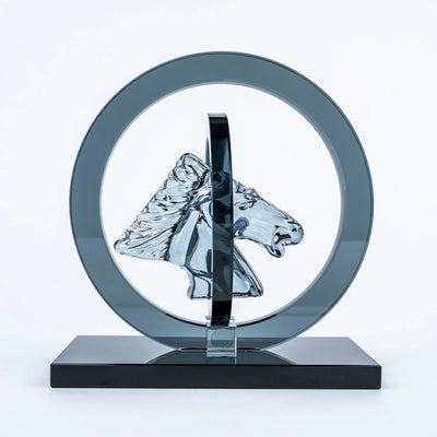 Crystal Horse Head Decor | Modern Equestrian Tabletop Figurine with Circular Frame and Black Base, Decorative Accent for Home and Office