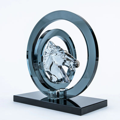 Crystal Horse Head Decor | Modern Equestrian Tabletop Figurine with Circular Frame and Black Base, Decorative Accent for Home and Office