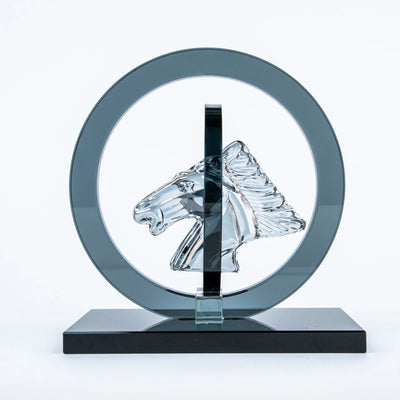 Crystal Horse Head Decor | Modern Equestrian Tabletop Figurine with Circular Frame and Black Base, Decorative Accent for Home and Office