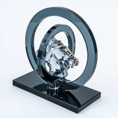 Crystal Horse Head Decor | Modern Equestrian Tabletop Figurine with Circular Frame and Black Base, Decorative Accent for Home and Office