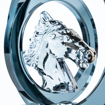 Crystal Horse Head Decor | Modern Equestrian Tabletop Figurine with Circular Frame and Black Base, Decorative Accent for Home and Office