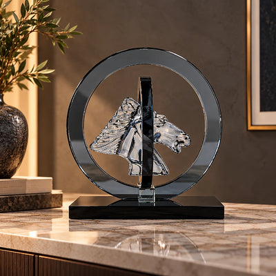 Crystal Horse Head Decor | Modern Equestrian Tabletop Figurine with Circular Frame and Black Base, Decorative Accent for Home and Office