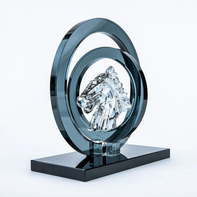 Crystal Horse Head Decor | Modern Equestrian Tabletop Figurine with Circular Frame and Black Base, Decorative Accent for Home and Office