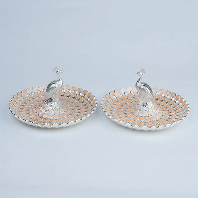 Ghar Art Royal Peacock 2-Piece Decorative Platter Set with Ornate Peacock Design, Silver and Champagne Finish | Luxury Festive Table Décor