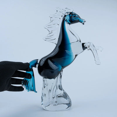 Blue Crystal Horse Figurine | Rearing Equine Tabletop Accent with Transparent Finish and Sapphire Blue Details for Modern Home and Office Décor