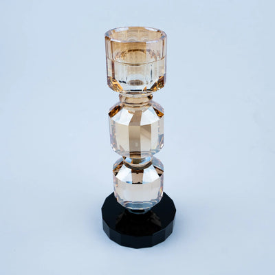 Geometric Crystal Candle Holders Set of 2, Champagne Amber Faceted Candle Stands with Black Bases for Dining Table, Console and Home Décor