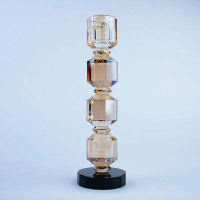 Geometric Crystal Candle Holders Set of 2, Champagne Amber Faceted Candle Stands with Black Bases for Dining Table, Console and Home Décor