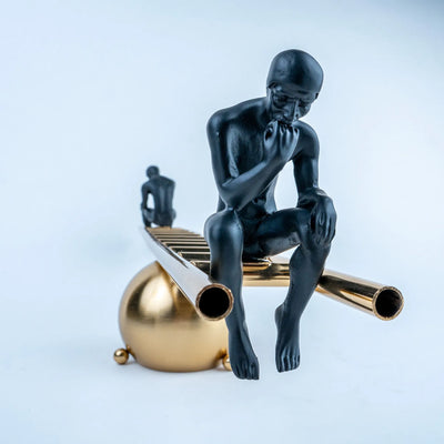 Contemporary Human Figurine Table Décor, Two Contemplative Black Figures on Gold Ladder Design with Spherical Base, Modern Decorative Sculpture for Living Room, Office and Study