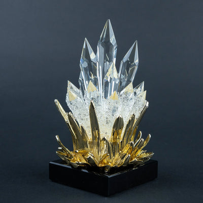 Crystal Flame Decor Set of 2 | Gold Finish Tabletop Ornaments with Clear Crystal-Like Accents and Black Bases, Modern Luxury Home Décor