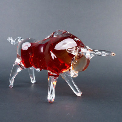 Ruby Red Bull Figurine | Transparent Decorative Bull with Amber Accents, Modern Animal Tabletop Decor for Living Room, Office and Console Table