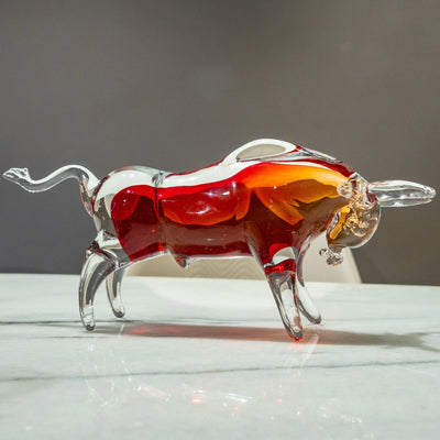 Ruby Red Bull Figurine | Transparent Decorative Bull with Amber Accents, Modern Animal Tabletop Decor for Living Room, Office and Console Table