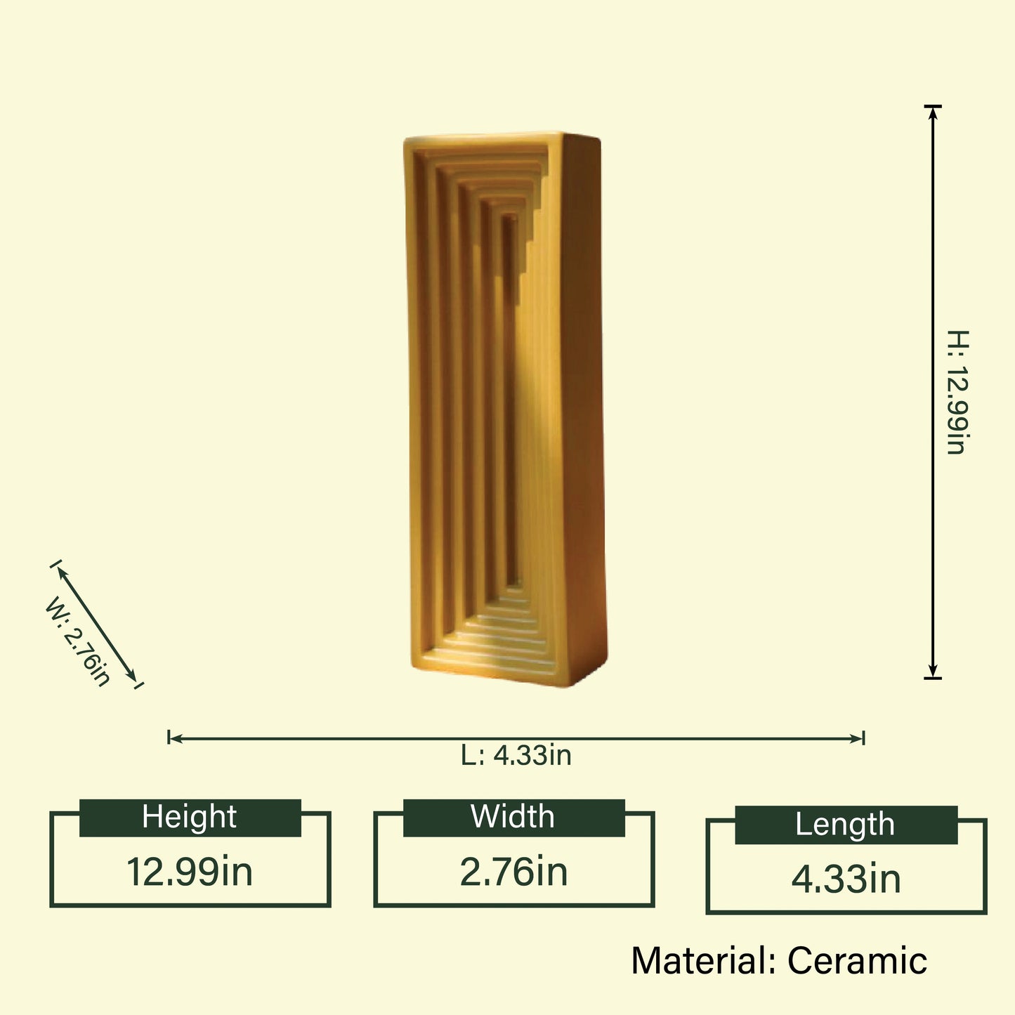 Linear Frame mustard column vase w/ dimensions