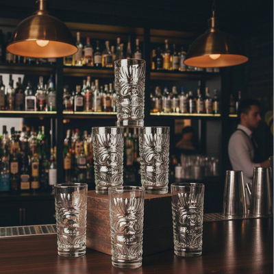 Clear Sculptural Tiki Glasses - Set of 6