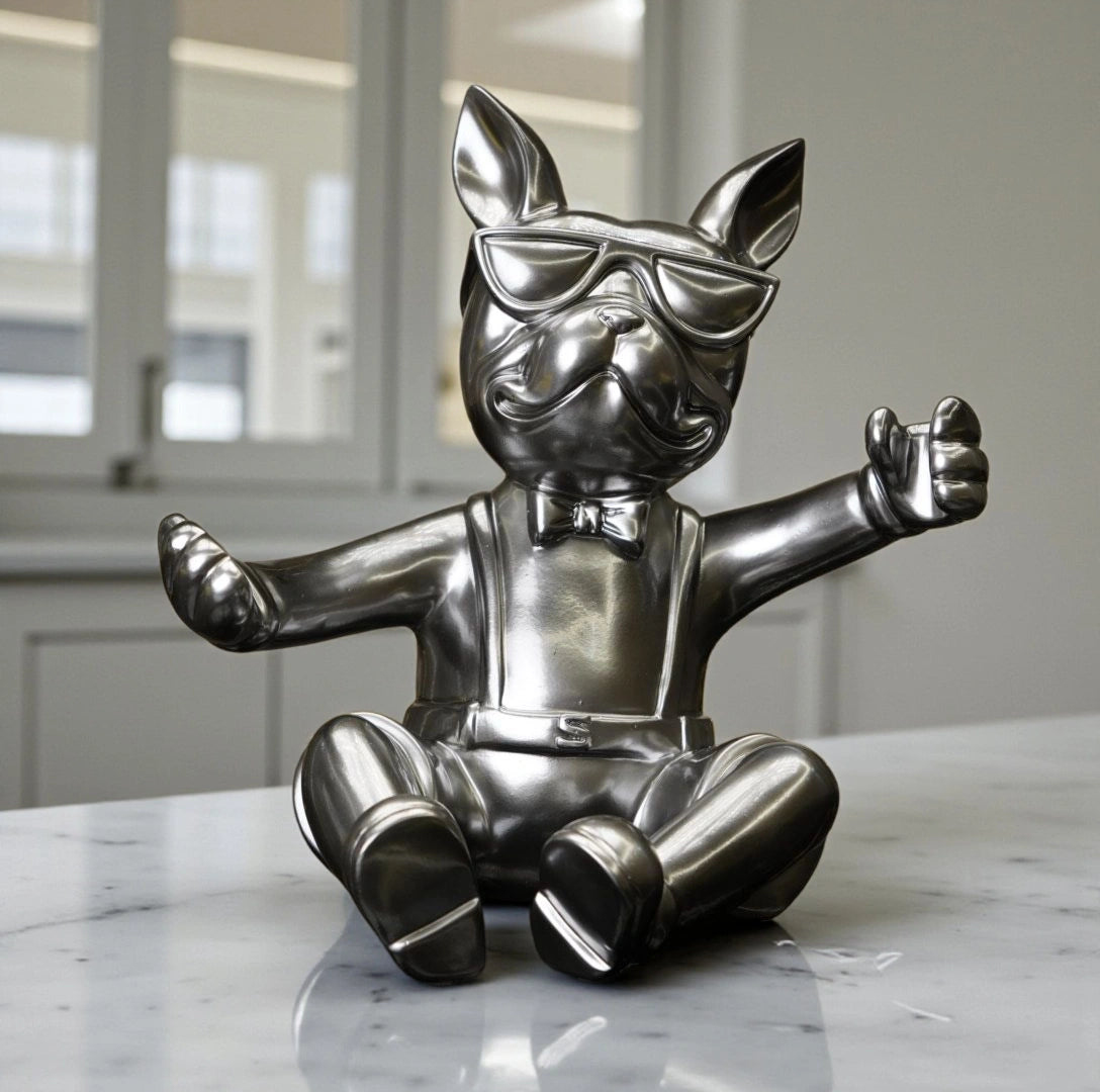 Metallic bulldog figurine holding corkscrew and wearing sunglasses — Boozy Bulldog wine holder by Ghar Art, luxury tabletop bar décor collectible.
