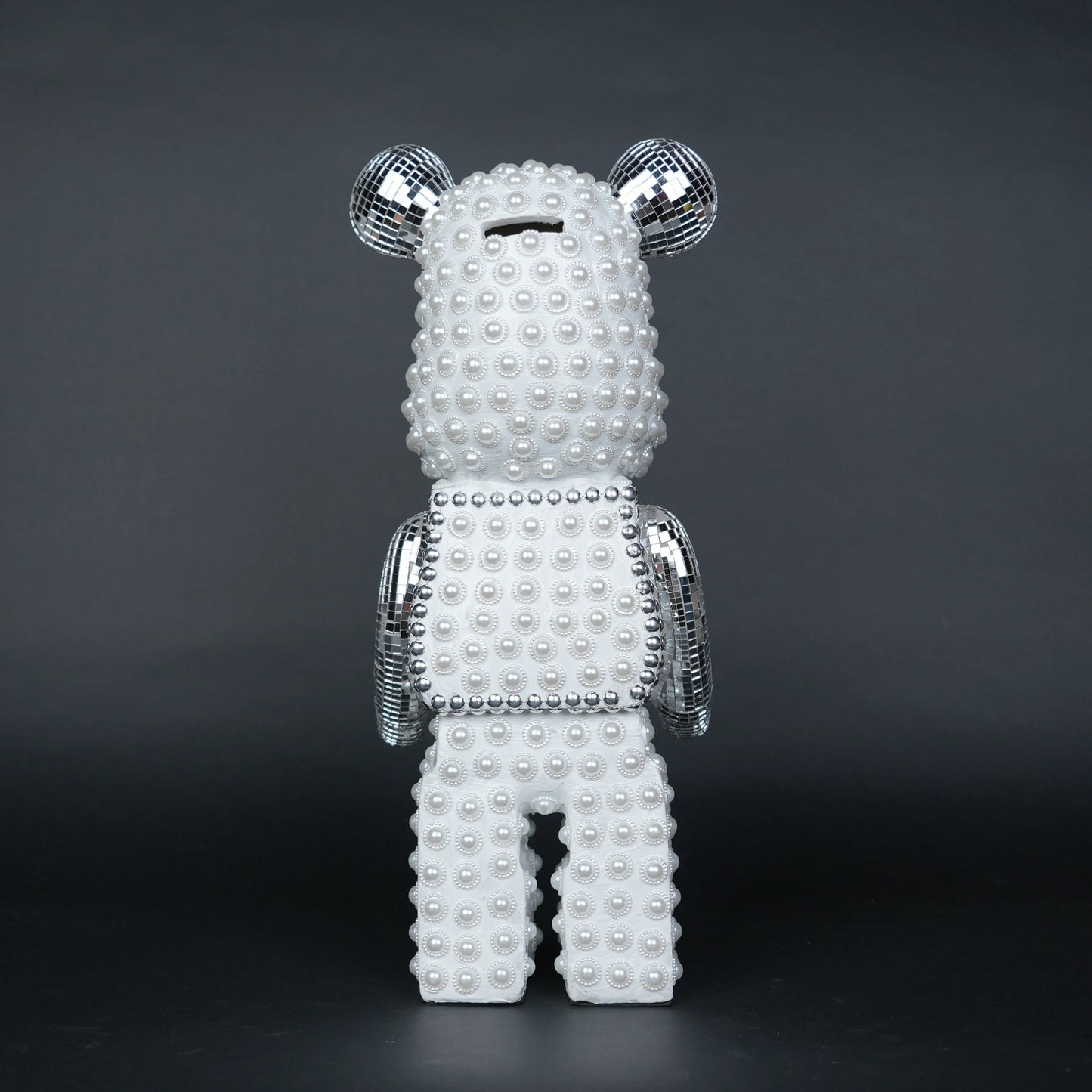 White pearl-studded bear sculpture with silver mirrored accents — Silver Luxe Bear Sculpture by Ghar Art, handcrafted modern luxury home decor collectible.