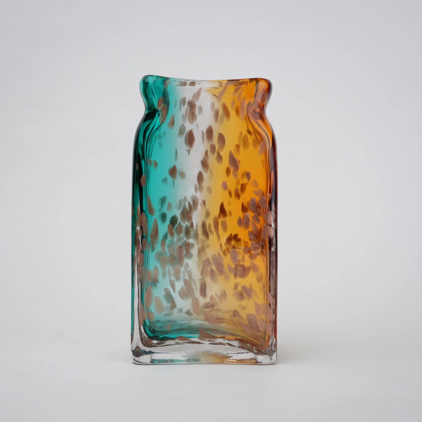 Tall rectangular dual-tone teal and amber glass vase with bubble-textured surface.