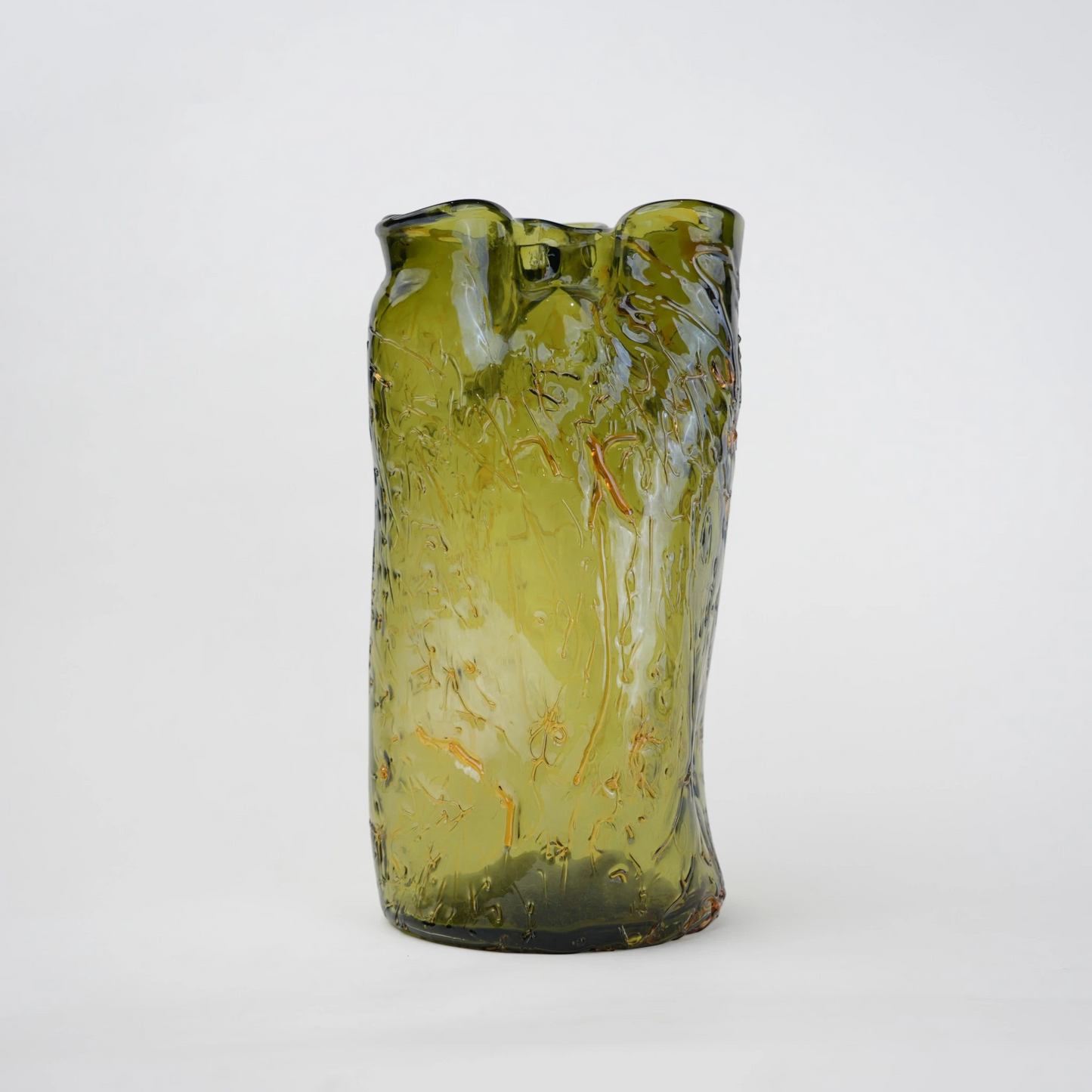 Olive green crackle-textured cylindrical glass vase with organic surface pattern.