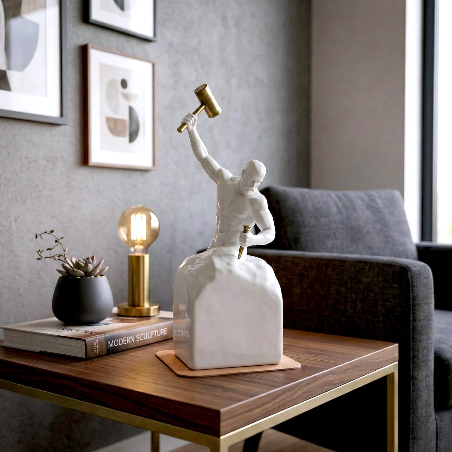 Victory climber figurine with a muscular human form standing on a rock, holding a hammer raised overhead and a tool in the other hand, symbolizing strength, determination, and achievement.