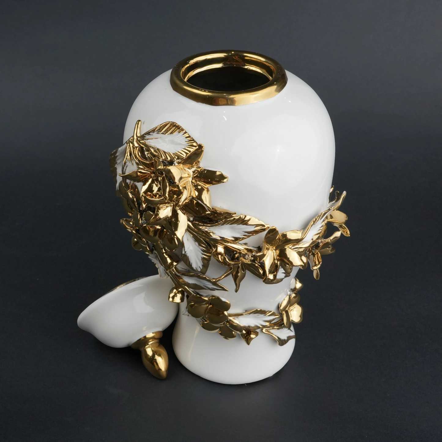 White ceramic jar with gold bloom detailing and lid for decor and flower vase styling