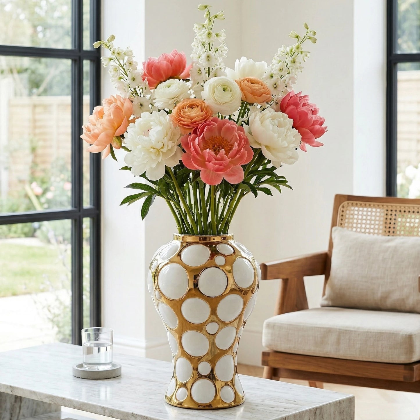 Gilded orbit jar w/ peonies, marble bench