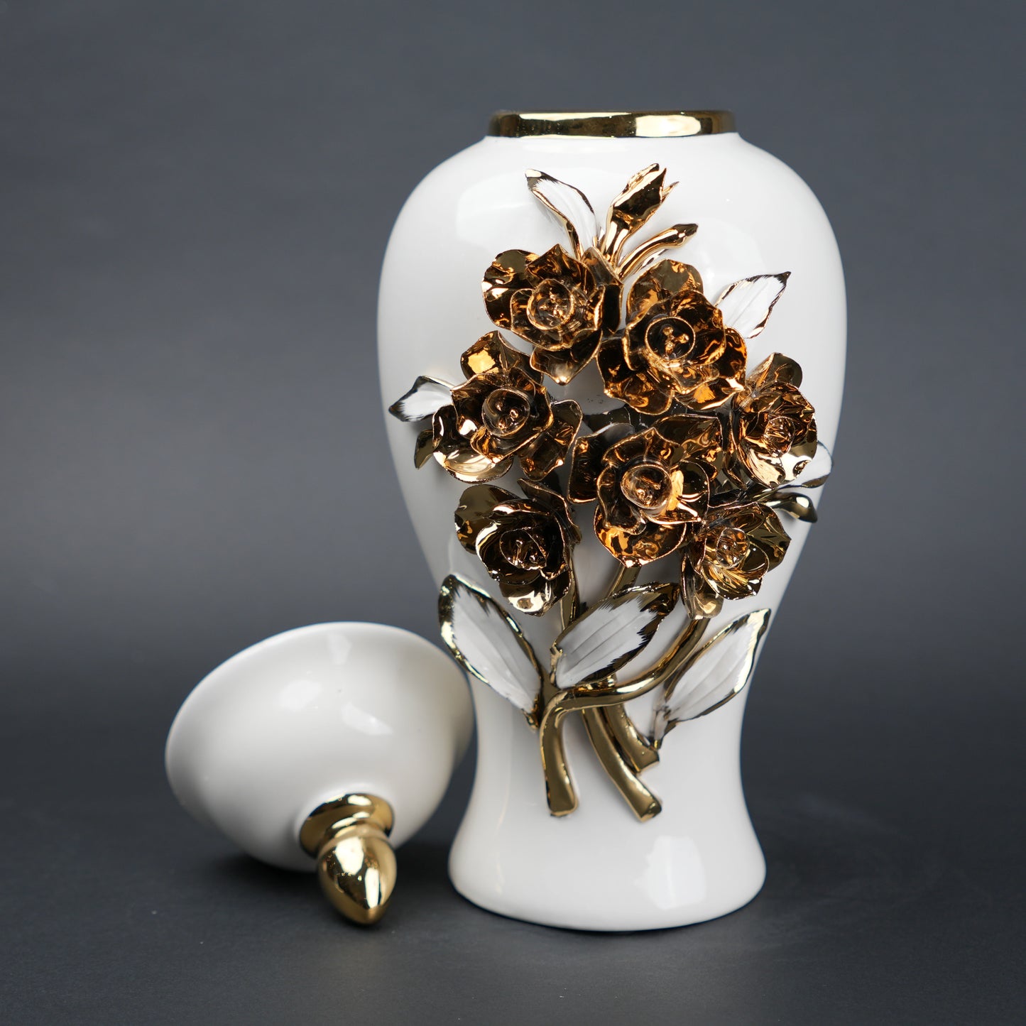 White ceramic jar with gold floral detailing decorative jar with lid for modern home decor