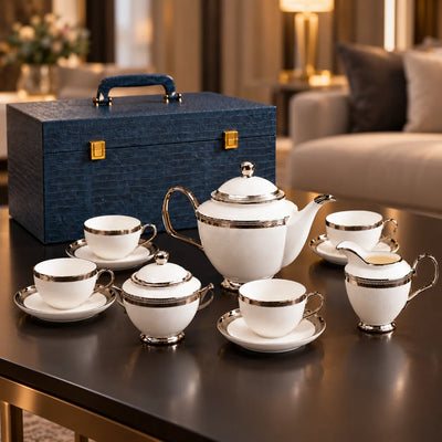 Luxury 15-Piece Tea Set with Teapot, 6 Cups, 6 Saucers, Sugar Bowl and Creamer | White and Silver Ceramic Tea Set with Premium Textured Gift Case | Diwali Gifting