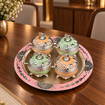 Elephant Lidded Bowl Set with 4 Decorative Containers, Matching Spoons and Ornate Tray, Mint Green and Peach Luxury Home Décor