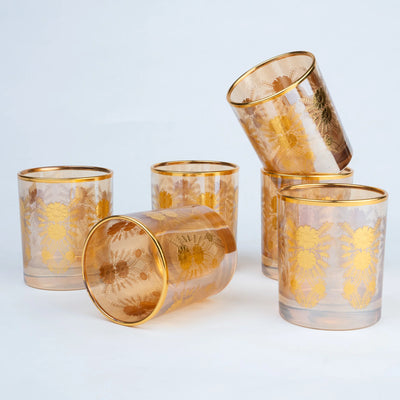 Luxury Drinking Glass Set of 6 with Gold Floral Design, Gold Rim and Premium Storage Case