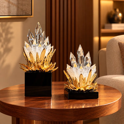 Crystal Flame Decor Set of 2 | Gold Finish Tabletop Ornaments with Clear Crystal-Like Accents and Black Bases, Modern Luxury Home Décor