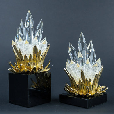 Crystal Flame Decor Set of 2 | Gold Finish Tabletop Ornaments with Clear Crystal-Like Accents and Black Bases, Modern Luxury Home Décor