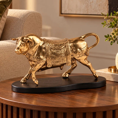 Golden Bull Figurine, Gold Finish Decorative Bull Statue with Ornate Engraved Details and Black Base for Living Room, Office, Console Table and Home Décor