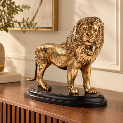 Gold Lion Figurine, Decorative Lion Statue with Textured Mane and Black Oval Base for Living Room, Office Desk, Console Table and Home Décor