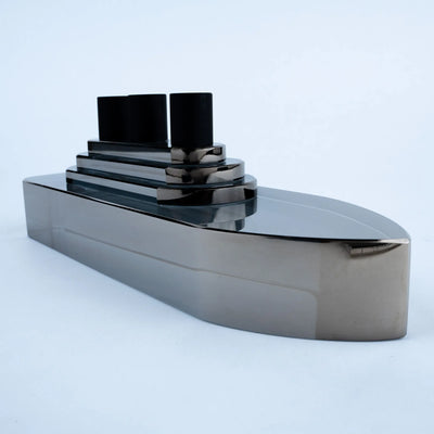 Smoky Grey Glass Ship Figurine, Modern Decorative Ship Showpiece with Reflective Finish and Stepped Deck Design for Living Room, Office and Console Table