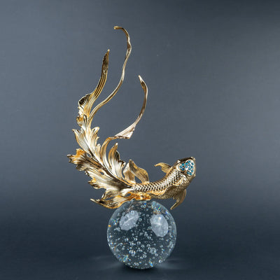 Gold Koi Fish Decorative Showpiece for Home Décor, Luxury Gold Fish Figurine with Blue Crystal-Like Details and Transparent Spherical Base for Living Room, Office and Tabletop Display