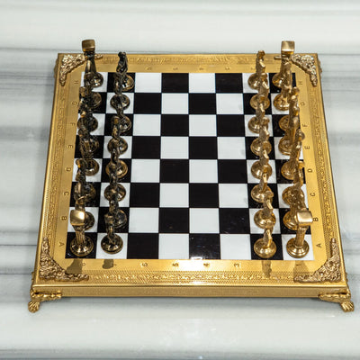 Royal Gold Chess Set for Adults, Luxury Decorative Chess Board with Ornate Gold Frame, Figurine-Style Gold and Black Chess Pieces for Home, Office, Study and Living Room