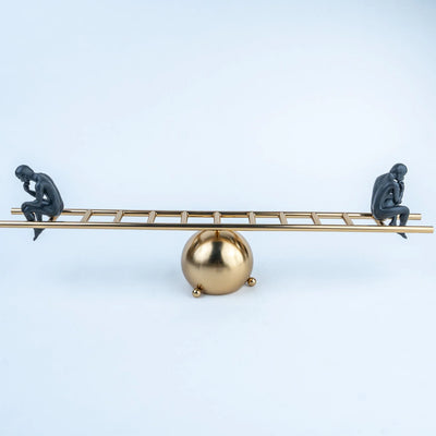 Contemporary Human Figurine Table Décor, Two Contemplative Black Figures on Gold Ladder Design with Spherical Base, Modern Decorative Sculpture for Living Room, Office and Study