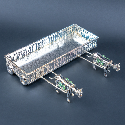 Tiger Motif Decorative Tray | Silver Tone Geometric Tabletop Accent with Green Details for Console Styling and Festive Hosting