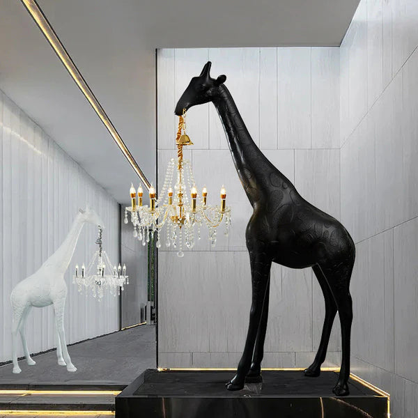 Matte black giraffe chandelier floor sculpture