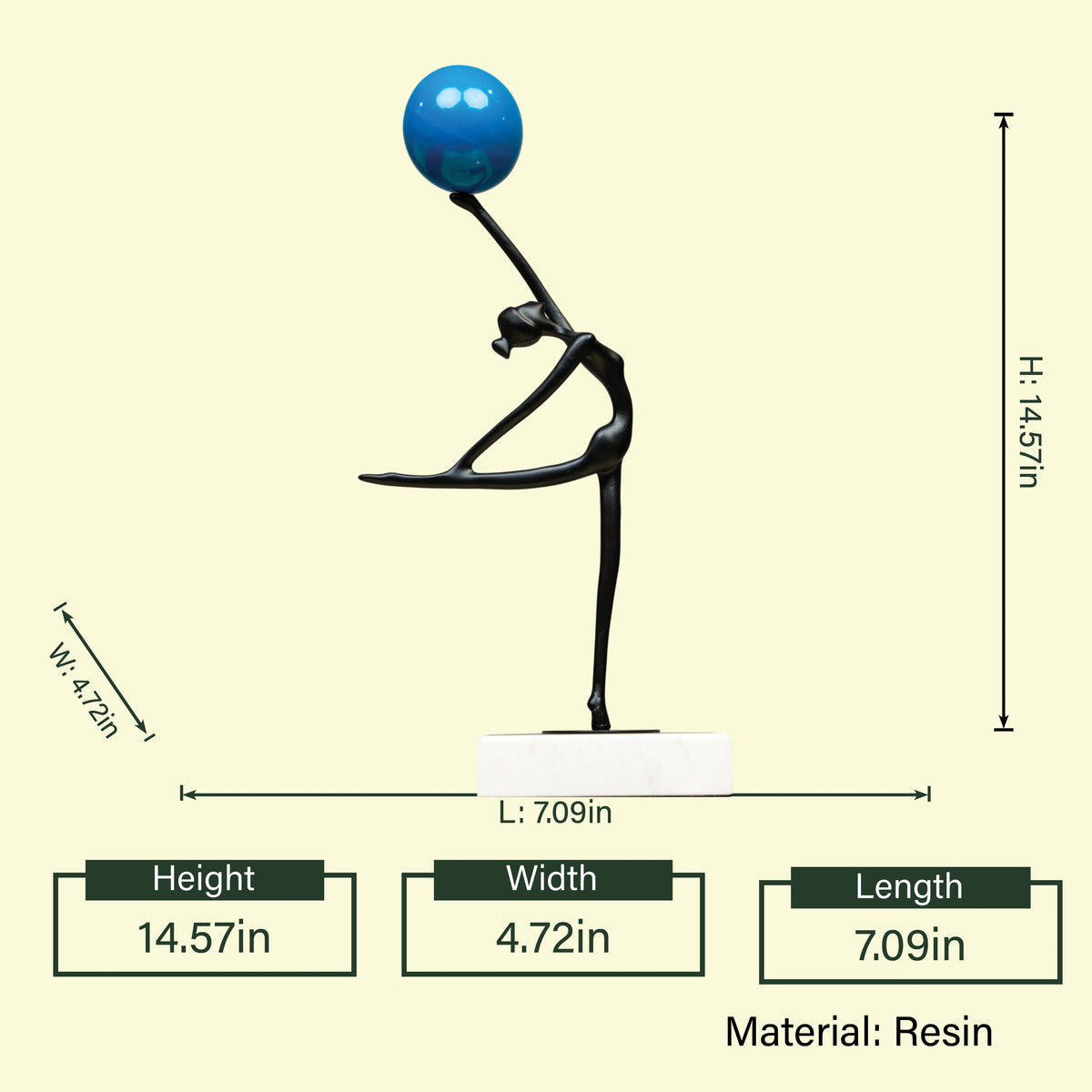 Abstract ballerina figurine sculpture balancing a blue sphere with graceful contemporary form