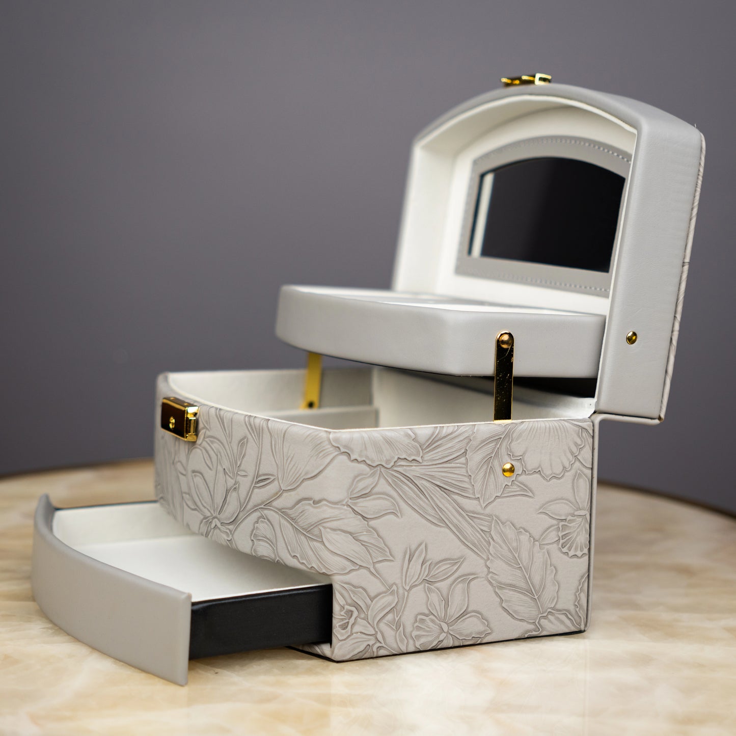 Elegant Grey Floral Jewelry Box - Big