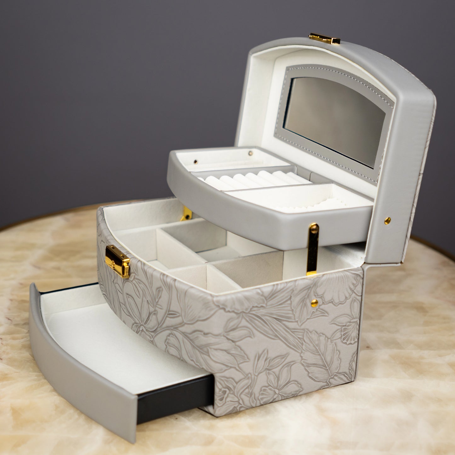 Elegant Grey Floral Jewelry Box - Big