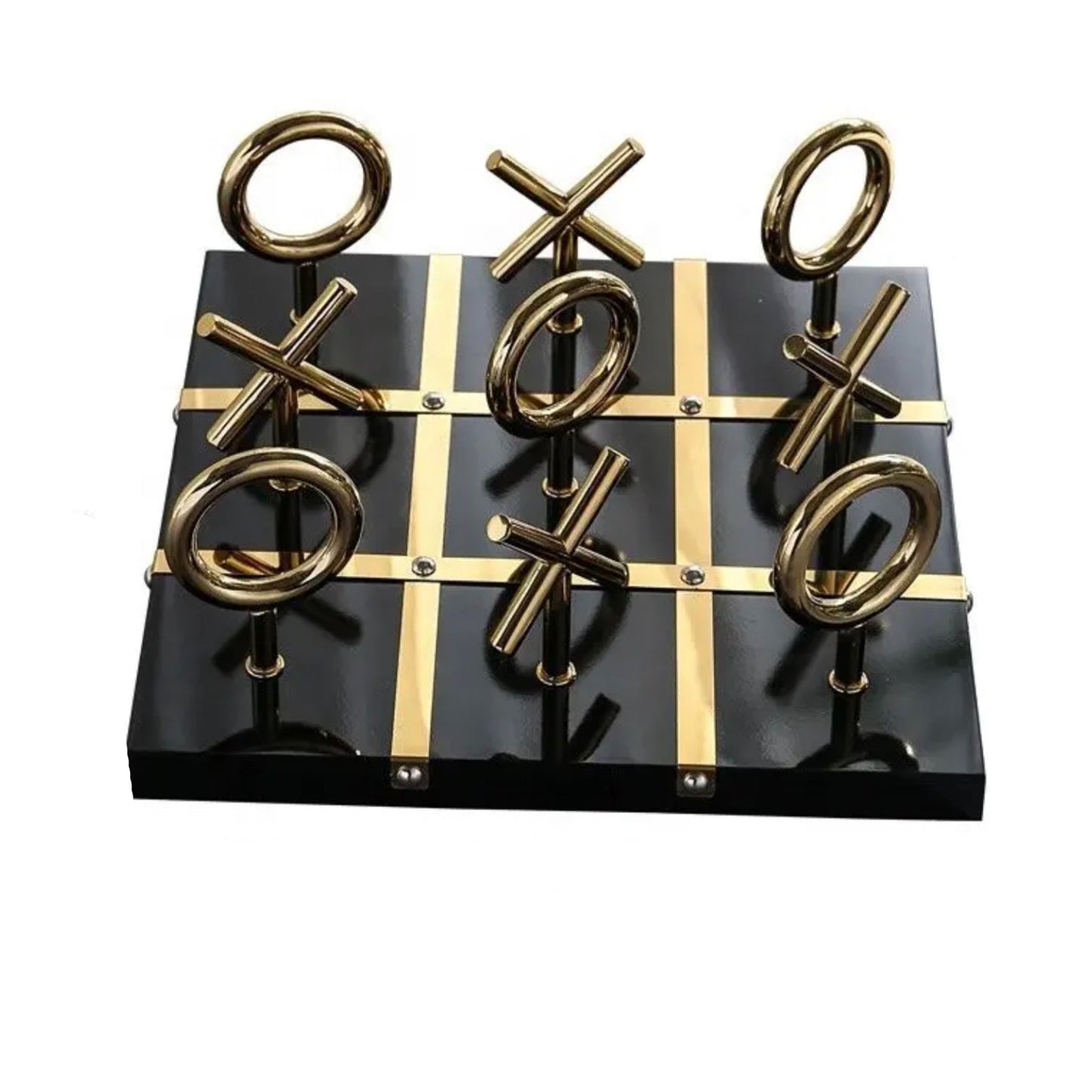 Tic-tac-toe top angle, black board gold grid