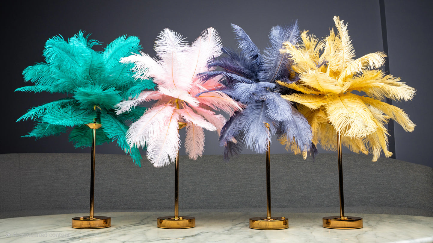 Four feathered lampshades in teal, pink, blue, and yellow on stands against a dark background.
