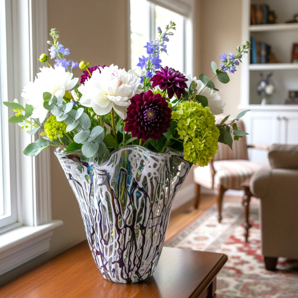 Aurora vase w/ dahlias & peonies, window scene