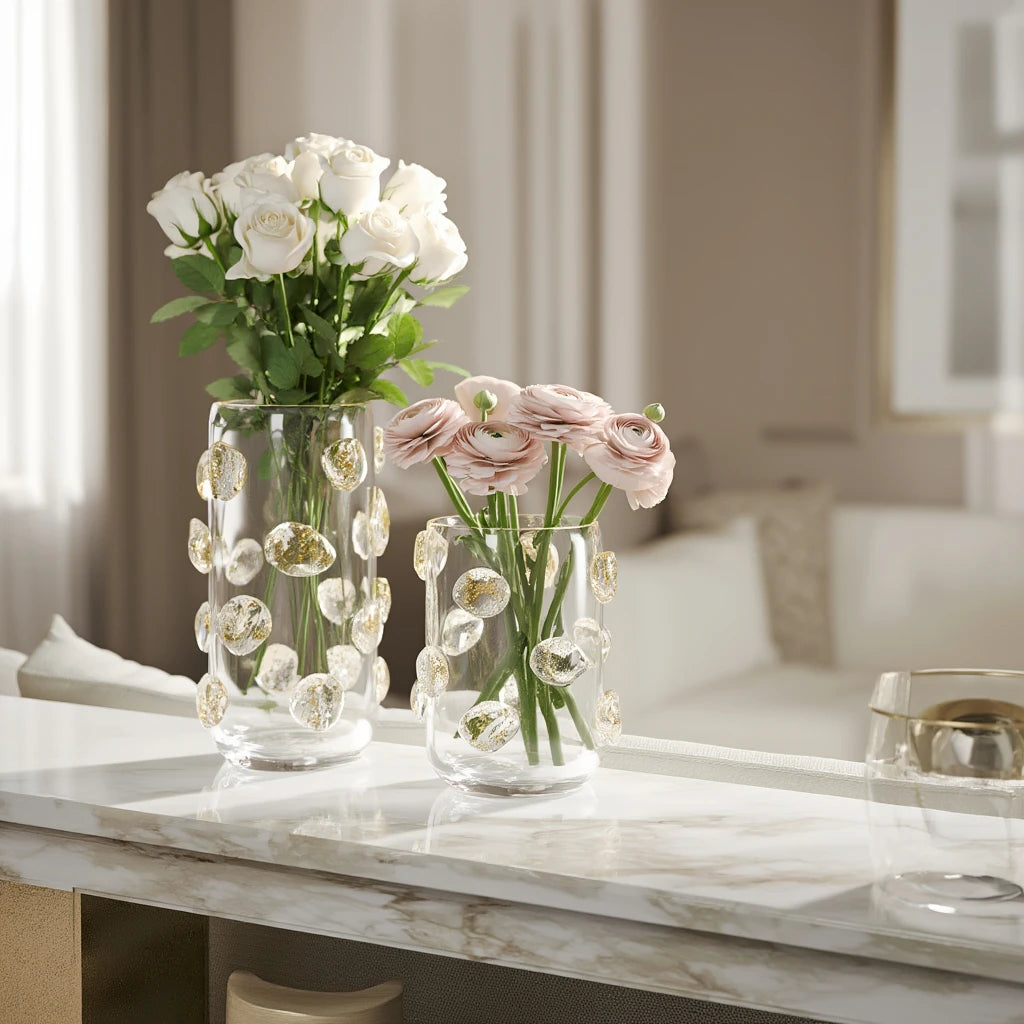 Pebble Luxe vase pair, roses on marble counter
