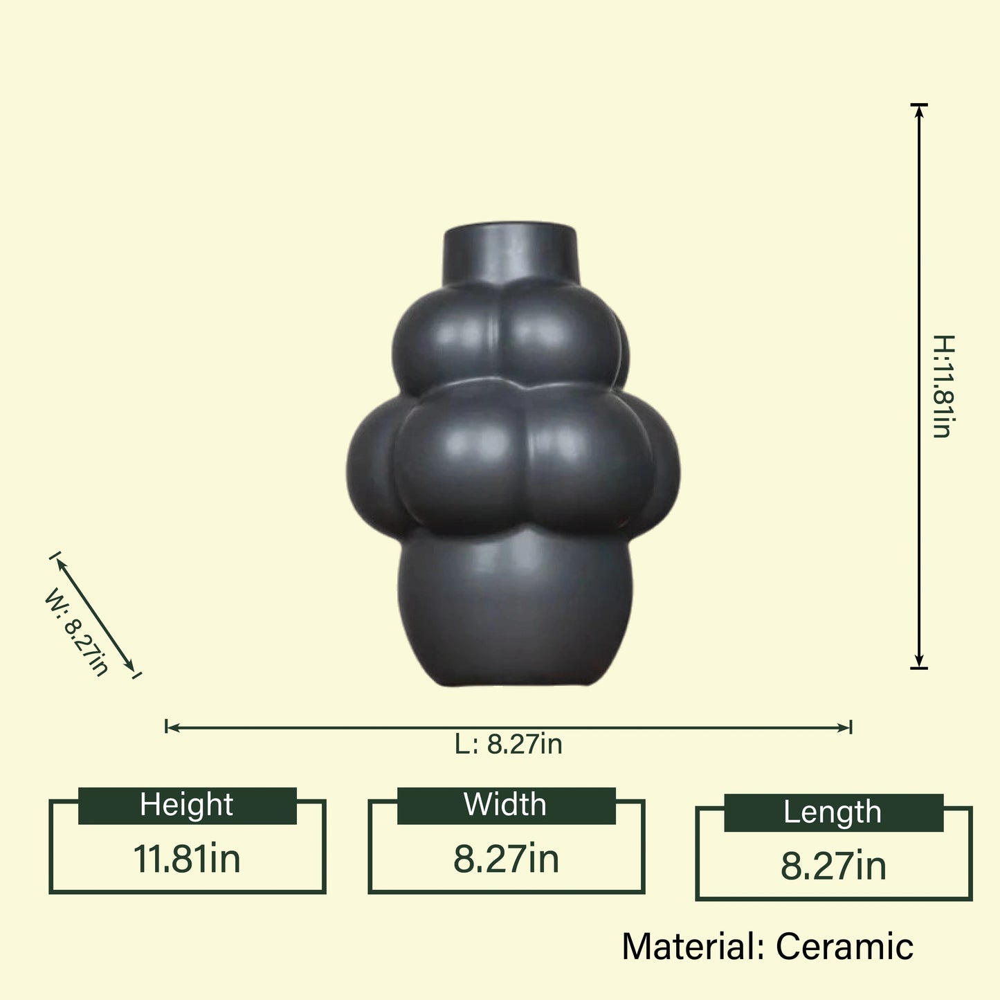 Luminara black vase, 11.81in dimension diagram