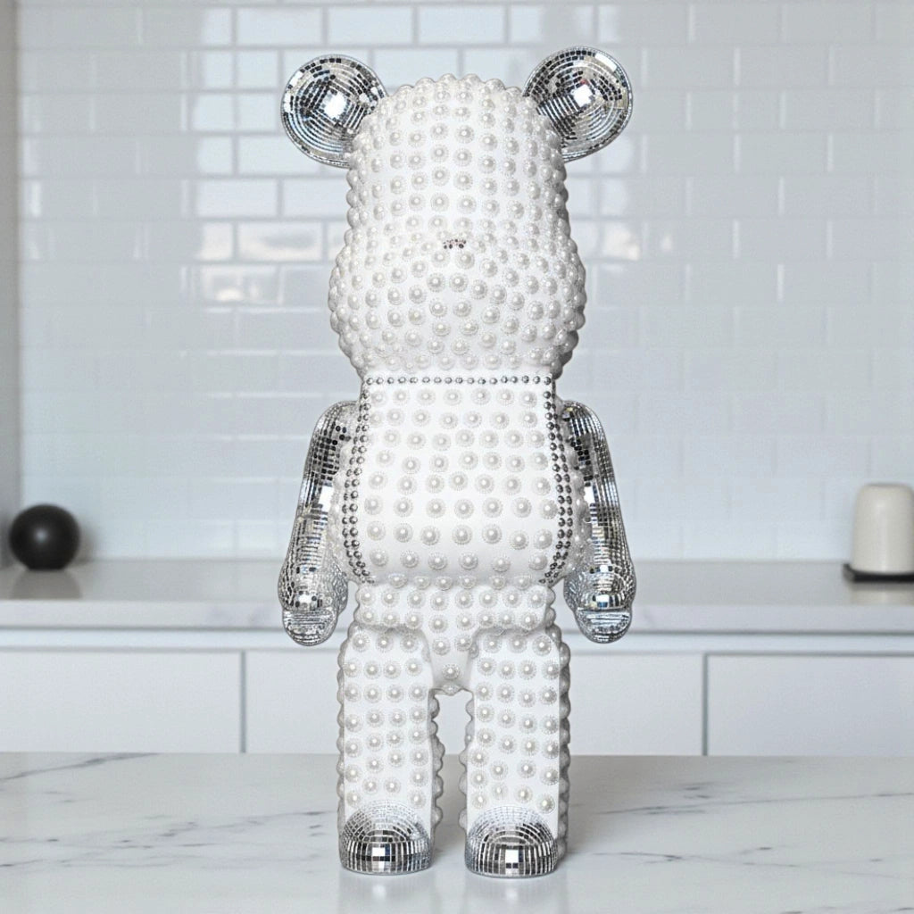 White pearl-studded bear sculpture with silver mirrored accents — Silver Luxe Bear Sculpture by Ghar Art, handcrafted modern luxury home decor collectible.