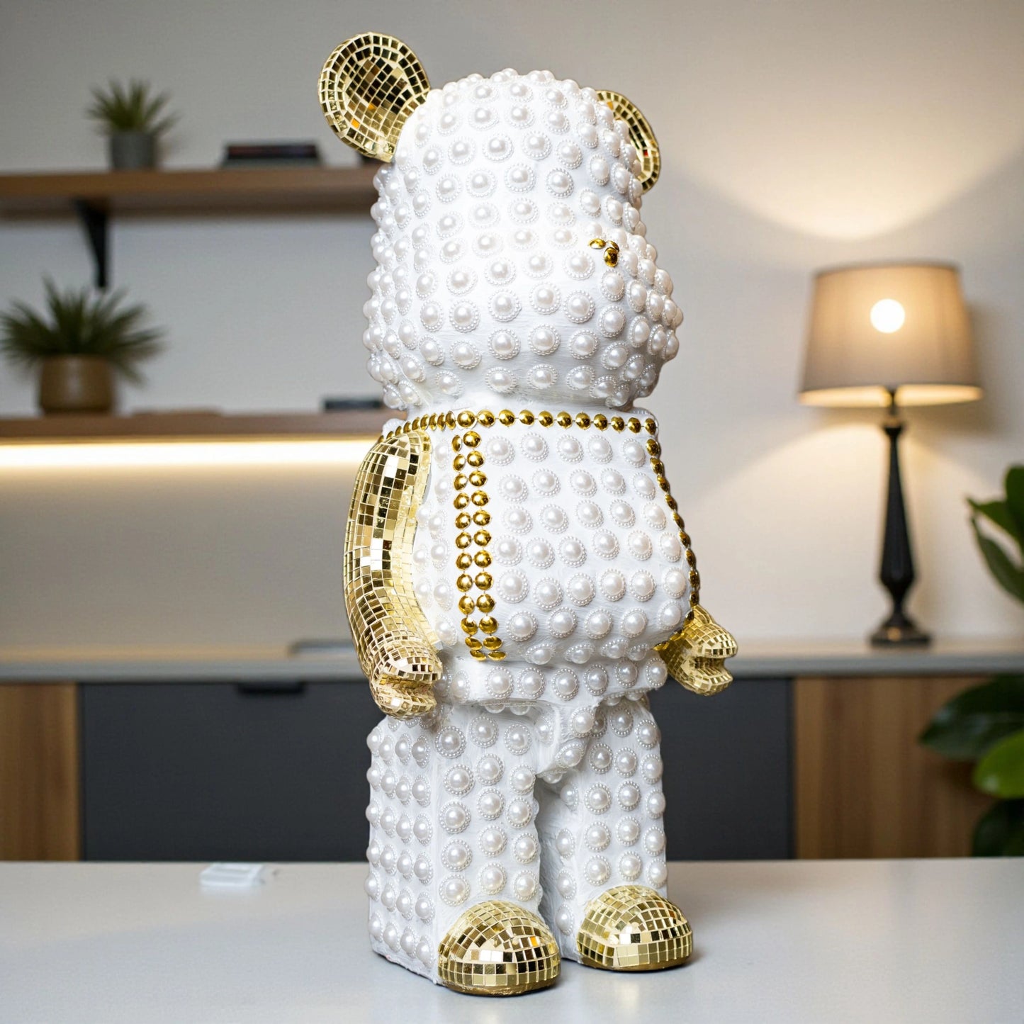 White pearl-studded bear sculpture with gold mirrored accents — Pearl Luxe Bear Sculpture by Ghar Art, handcrafted modern luxury home decor collectible.